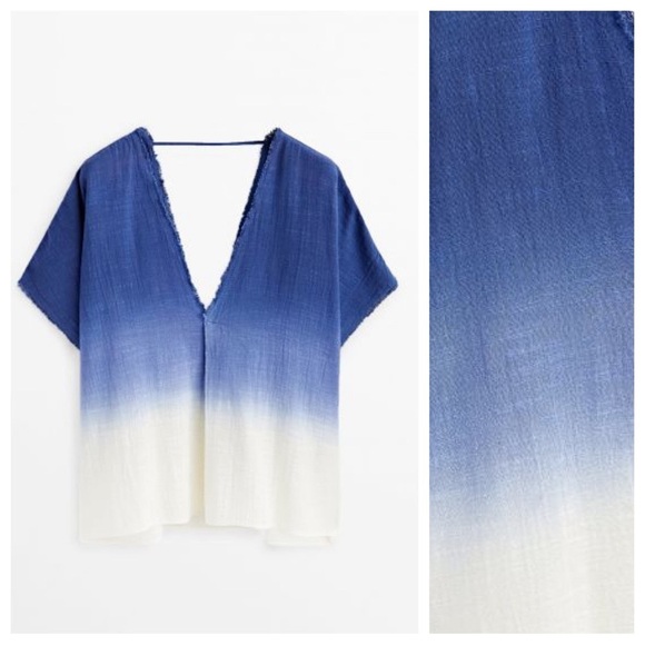 NWT. Massimo Dutti Sky Blue Ombre 100% Cotton V-neck Rustic Shirt. Size M. - Picture 5 of 11